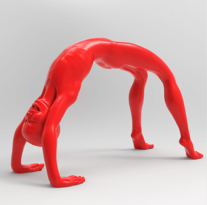 Red sculptural figure by Chen Wenling in a bridge pose