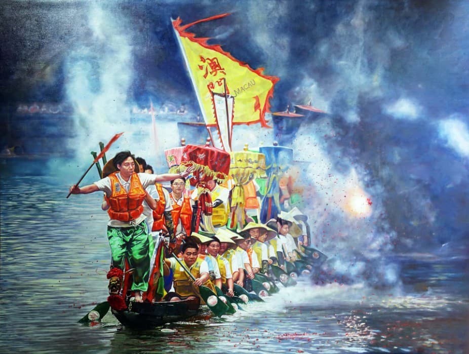 Pursuit – Setting Sail, oil painting by Gu Yue of a dragon boat race