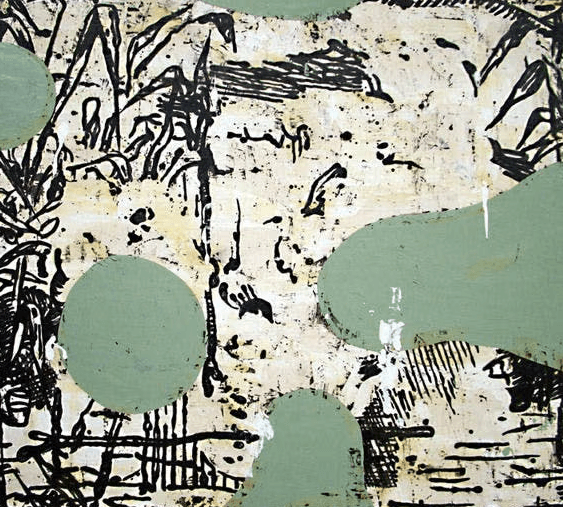 Abstract painting by Jón Óskar with sage green forms and black gestural marks