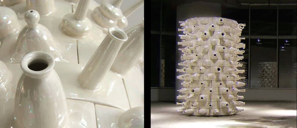 Ceramic tower installation by Klitsa Antoniou with vessel-like protrusions